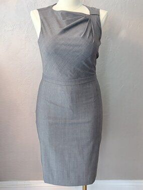 Banana Republic Evelyn Gray Wool Pleated Neckline Midi Sheath Dress Size 12